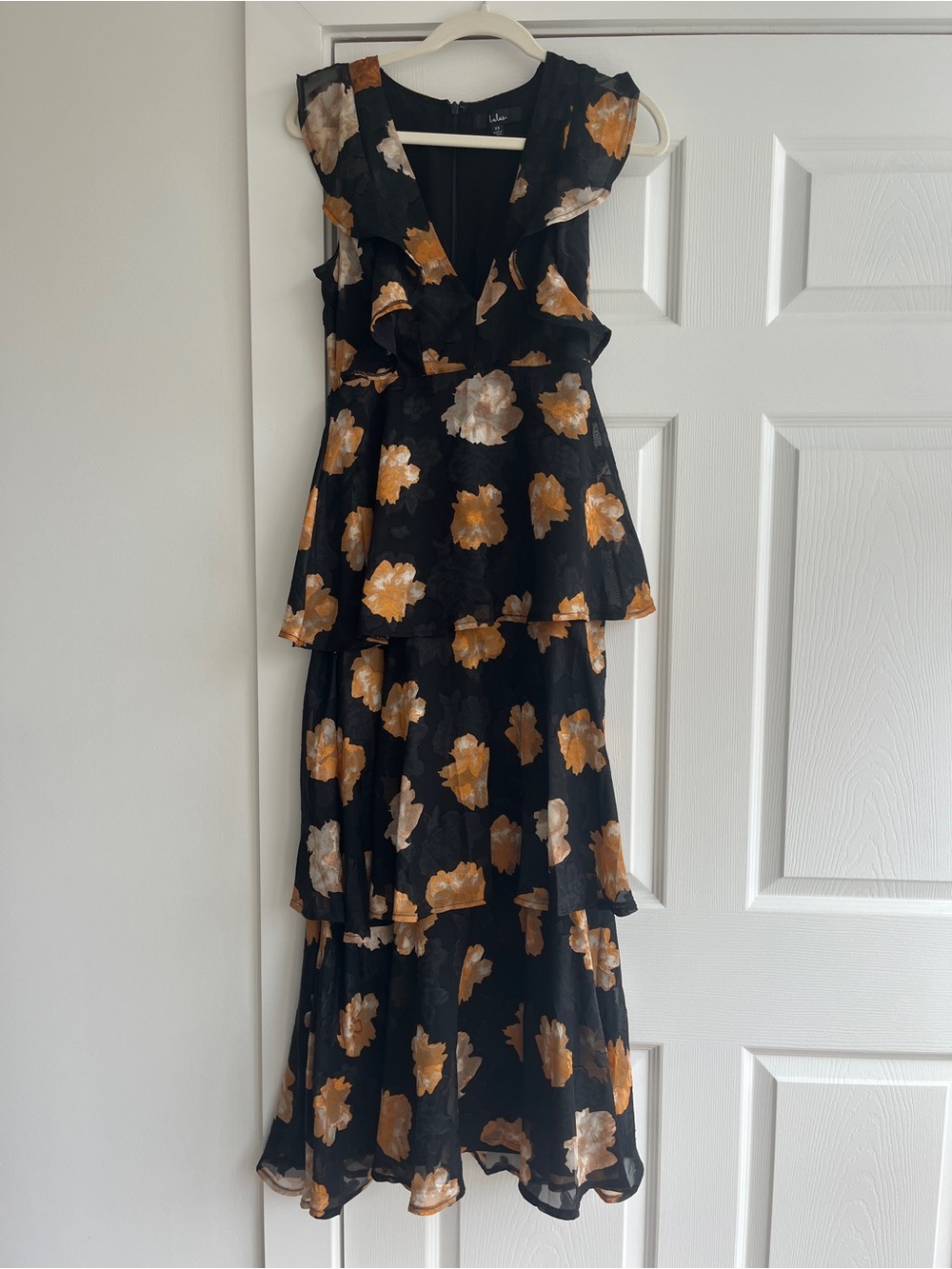 Lulu's Black Maxi Dress with Gold and Cream Floral Print